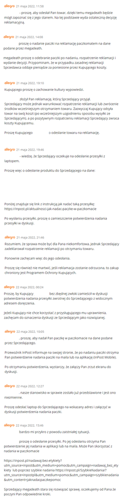 przyjecie reklamacji i korespondencja z allegro