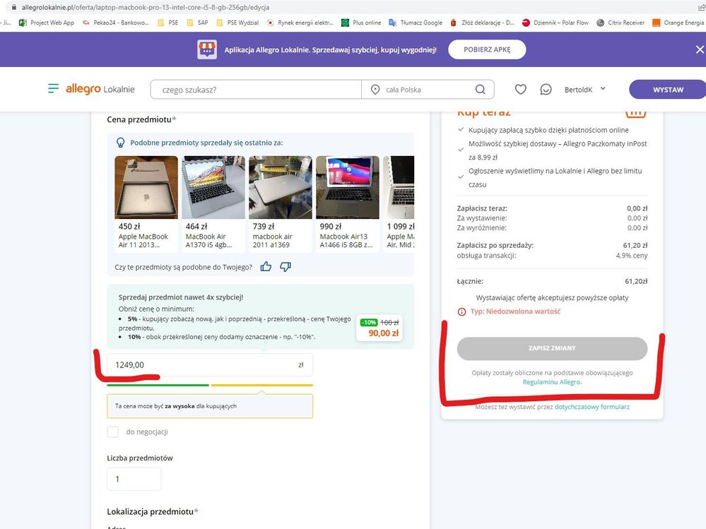po edycji ceny, brak możliwości zapisania