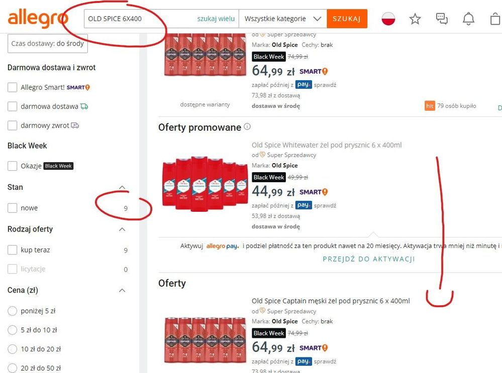 2. strzałką zaznaczono sortowanie po cenie rosnąco (brak wspomnianej aukcji)