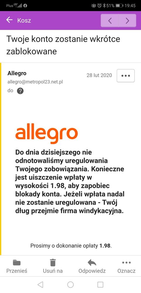 Dziś otrzymałąm taki sam email.Od razu widać że to próba oszustwa:)