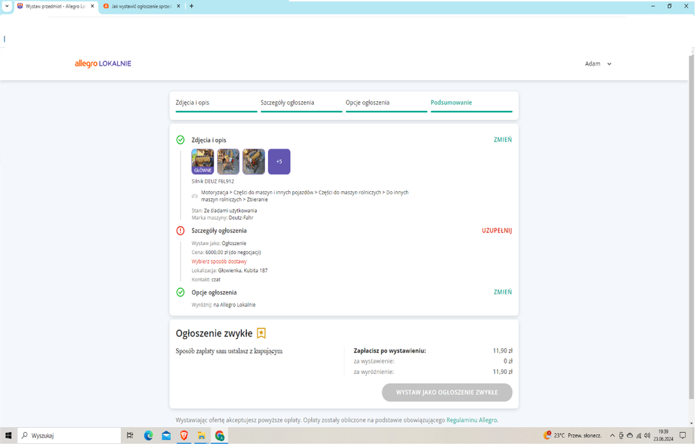 Nie mogę dodać ogłoszenia, bo nie wybrałem opcji dostawy