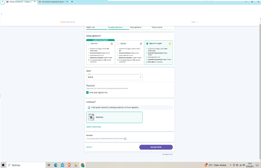 Po kliknięciu uzupełnij, cofa mnie do panelu  ,,szczegóły ogłoszenia" a nie mam w nim opcji dostawy