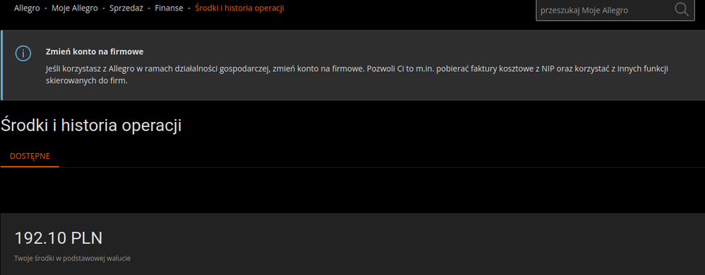 Środki dostępne ma moim koncie Allegro