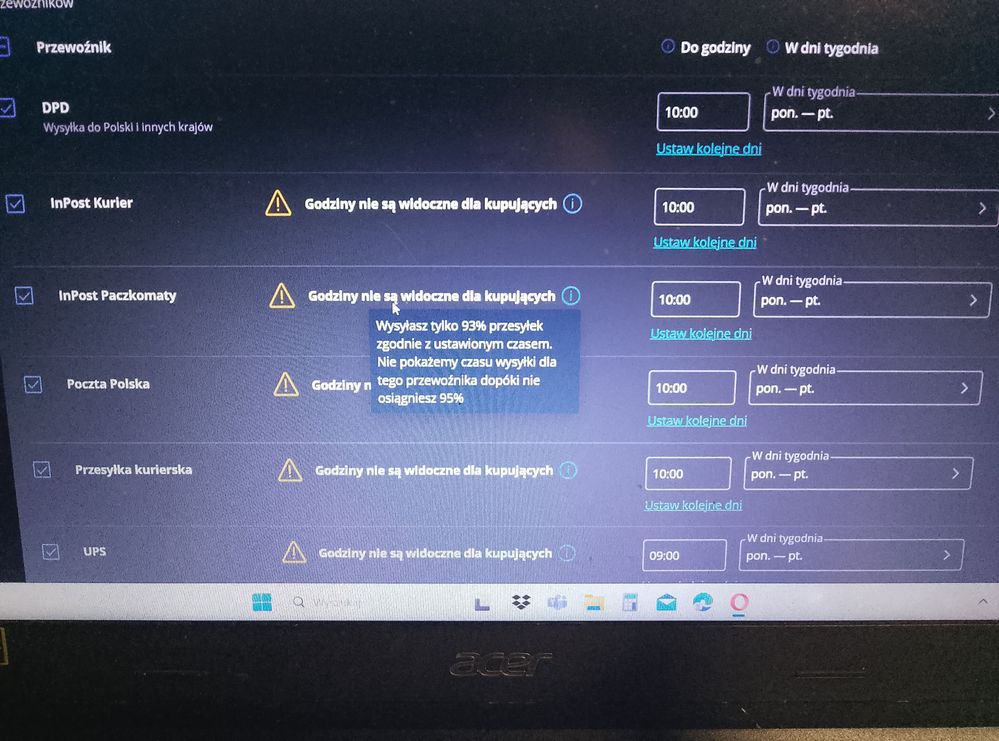 Wysyłka w terminie w ustawieniach dostawy
