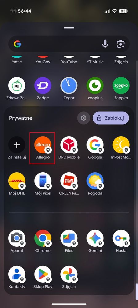 Aplikacja w trybie private space