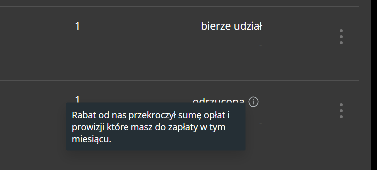 W zakładce "zarządzaj udziałem" widać pod jedną pozycją, że w trakcie jej trwania została odrzucona z tych samych przyczyn.