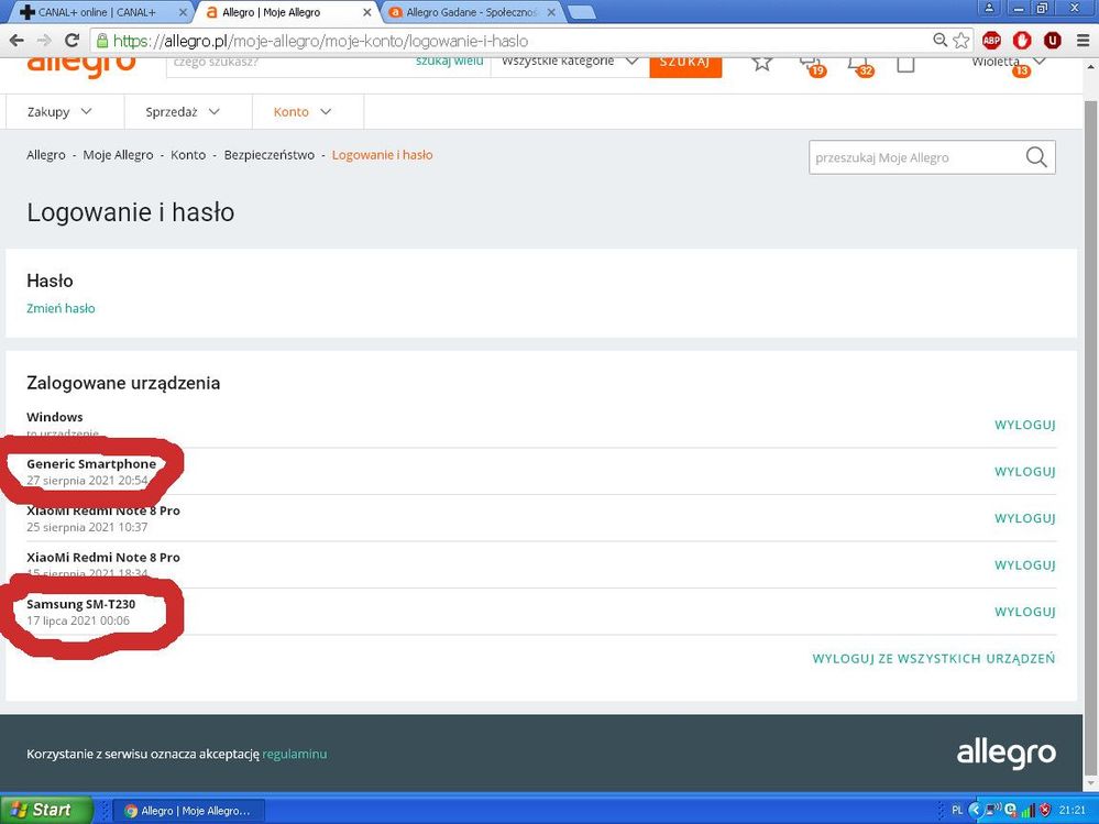 Na czerwono zaznaczone pola to obce i nieznane mi urządzenia, z których nigdy nie korzystałam.